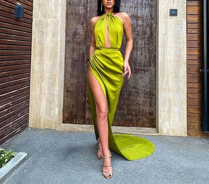Sexy satin mermaid party dress featuring halter top with long side split C1012