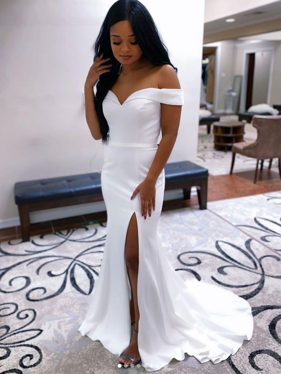 White off shoulder satin mermaid long prom dress white evening dress C1115