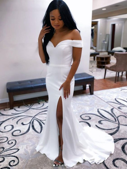 White off shoulder satin mermaid long prom dress white evening dress C1115