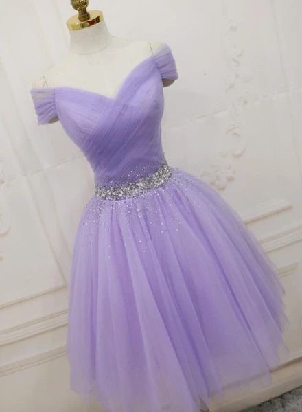 Lovely Light Purple Beaded Short Party Dress, Off Shoulder Homecoming Dress C124