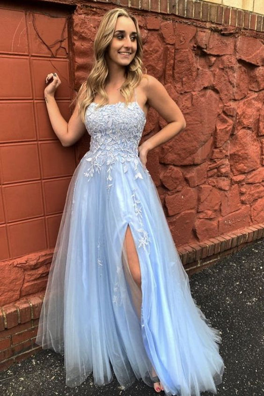 A Line Thin Strap Light Blue Lace Long Prom Dress with Slit, Light Blue Lace Formal Evening Dress C189