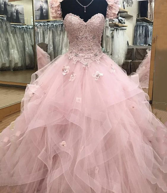 Pink lace long ball gown dress A line evening dress C1261