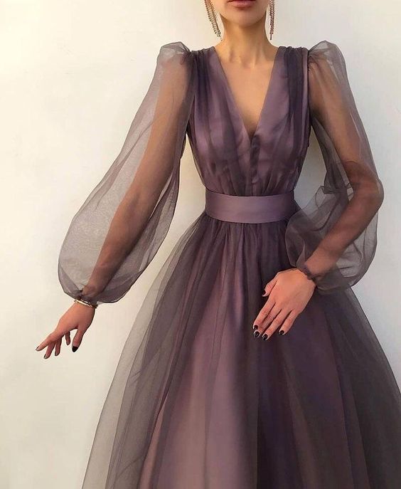 A line Evening Dress Tea Length Simple Evening Gown With Long Sleeves C1225