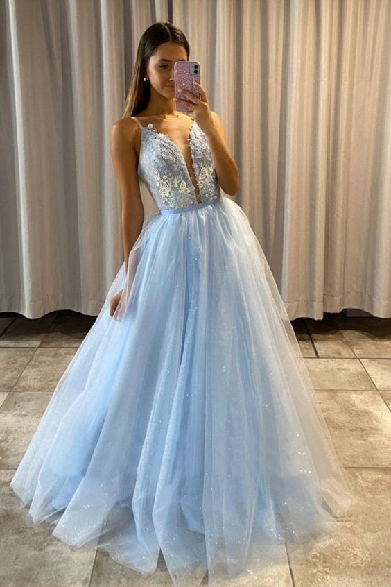 Spagheeti Straps Light Blue Prom Dress C375