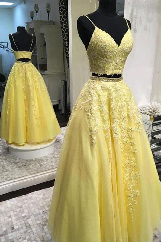 Elegant Straps Two Piece Yellow Long Lace Prom Formal Dresses   C1645