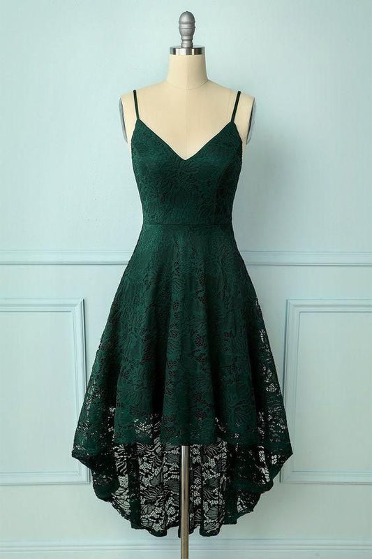 Straps High low Lace Dark Green Homecoming Dress C1099