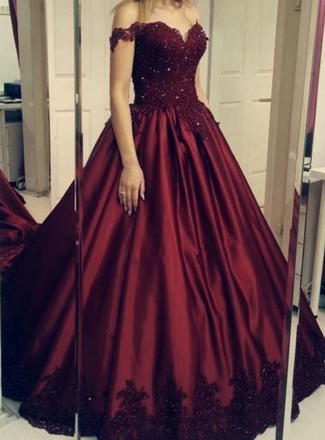 Off the Shoulder Burgundy Appliques Sweet 16 Prom Dresses C1580
