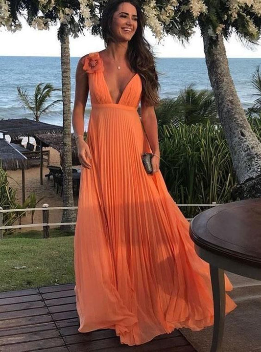 DEEP V NECK LONG PROM DRESSES WITH HANDMADE FLOWER C347