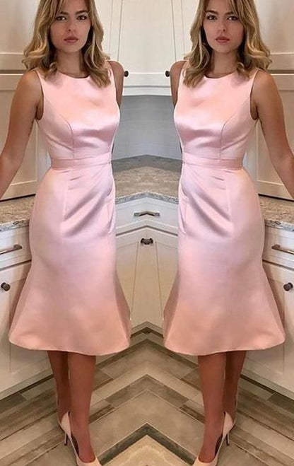 O Neck Sheath Midi Wedding Party Dress Pink Homecoming Dress  C835