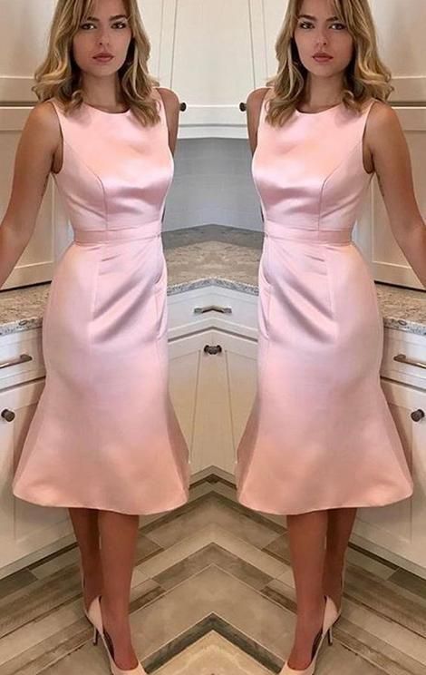 O Neck Sheath Midi Wedding Party Dress Pink Homecoming Dress  C835