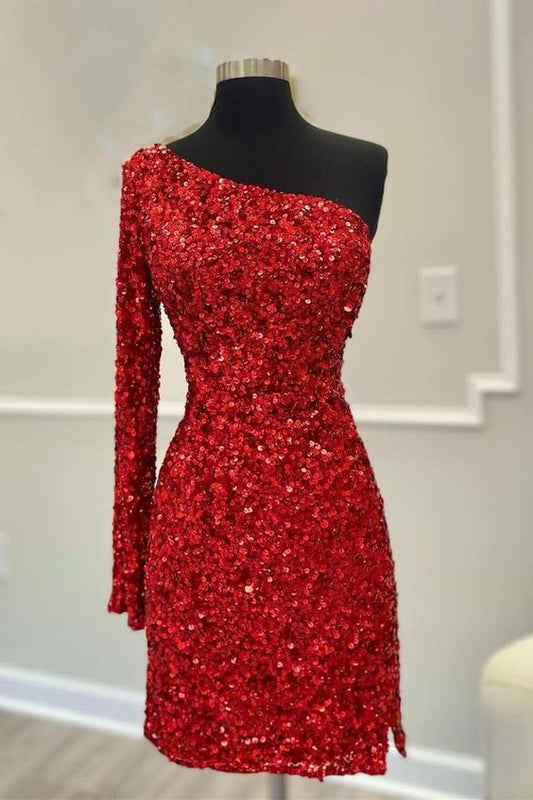 one shouder-long sleeves tight red sequins short party dress homecoming dress  C809