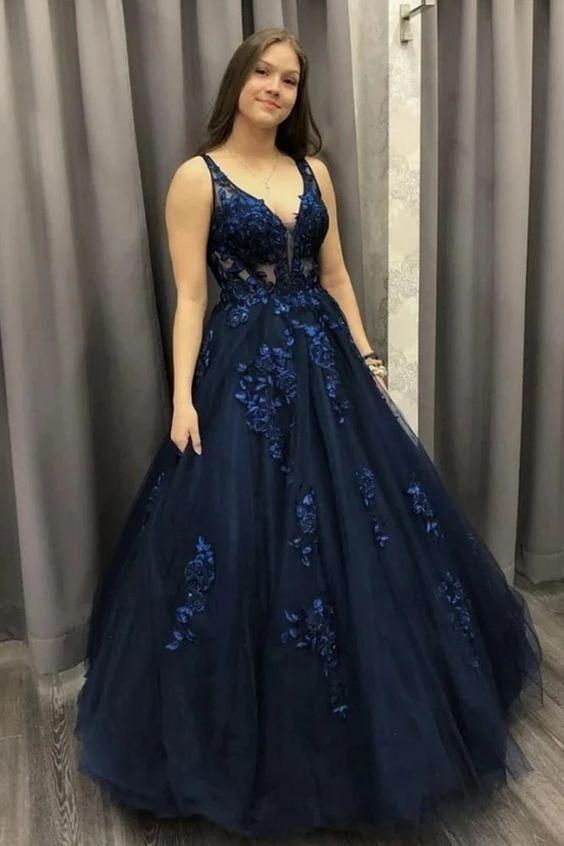 V Neck Dark Blue Long Prom Dress, Lace Applique Tulle Formal Dress C195