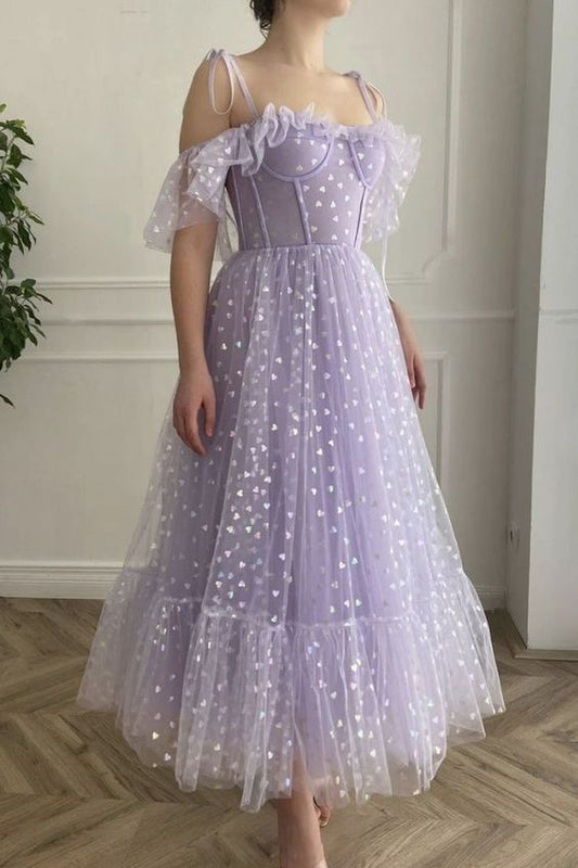 Lavender tulle short A line prom dress tea length evening dress C865