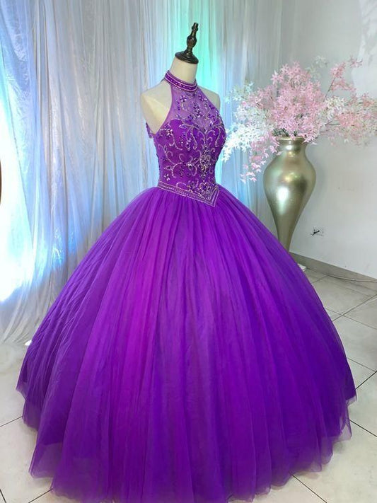 Halter Purple Prom Dress , Tulle Prom Dress C1605