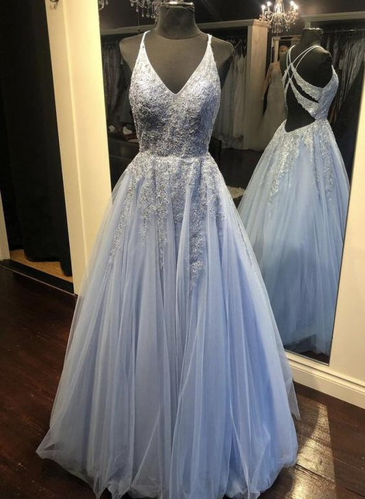 Blue v neck tulle lace long prom dress evening dress  C389