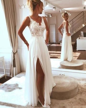 Elegant V neck Appliques White Slit Long Prom Dresses Long A-line Chiffon Dresses White Evening Dresses with Train Deep V Neck Open Back Side Slit C306