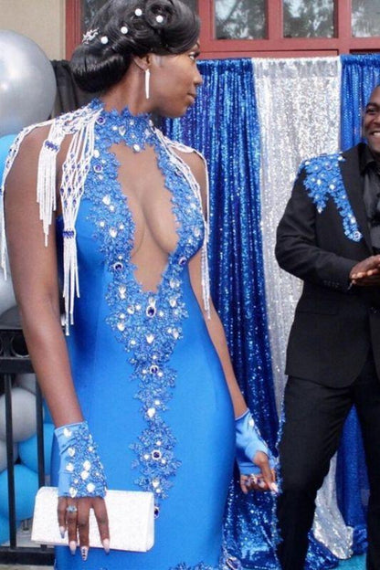 Glamorous Blue Halter Crystal Prom Dresses V-Neck Mermaid Evening Dres  C535