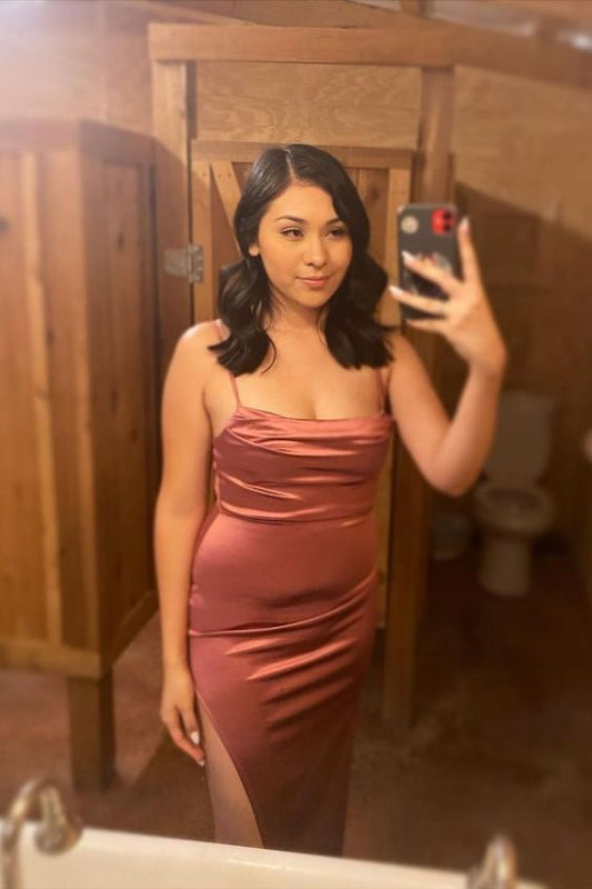 sexy rose gold long prom dress with high slit C1010