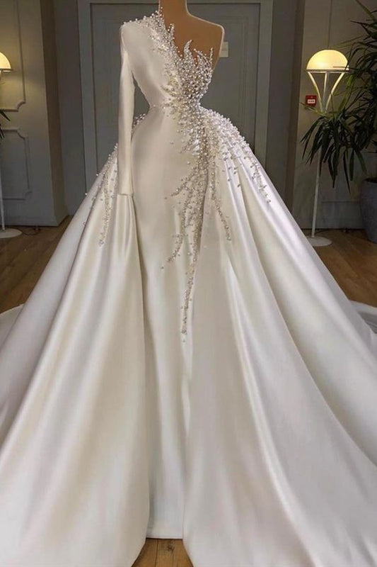 Gorgeous One Shoulder Satin White Beading Mermaid Prom Dresses C1378