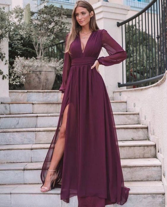 V Neck Chiffon Prom Dresses With Long Sleeves , High Split Party Dress C848