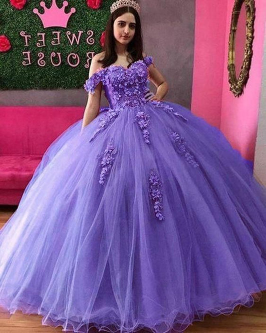 Quinceanera Dresses 3D Applique Puffy Skirt Lace-Up Back Sweet 16 Party Dress Long Prom Gowns  C1636