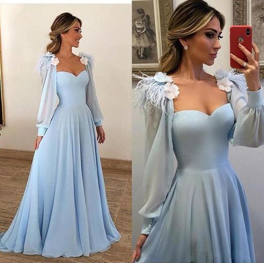 Gorgeous Sky Blue Evening Dresses - Chiffon Long Sleeves - With Feather Flower A-line Prom Gown C1209