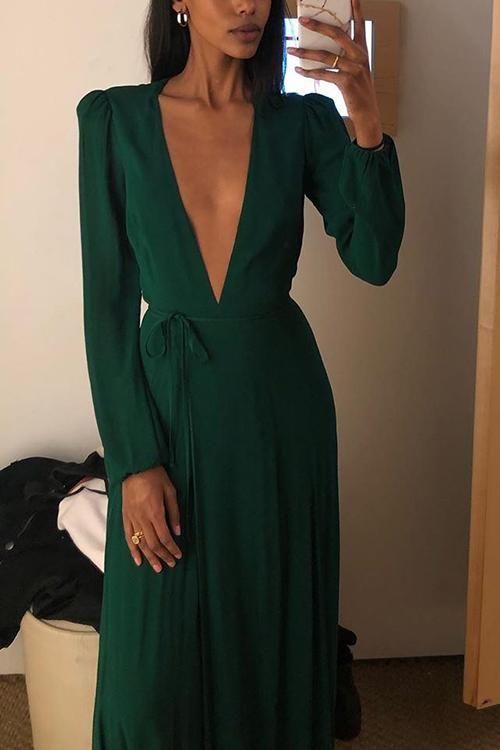Vintage Formal Dress Women Lady V Neck Long Sleeve Autumn Winter Green Prom Dress C753