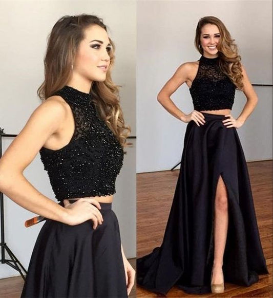 Two Piece Black Prom Dresses Slit C423