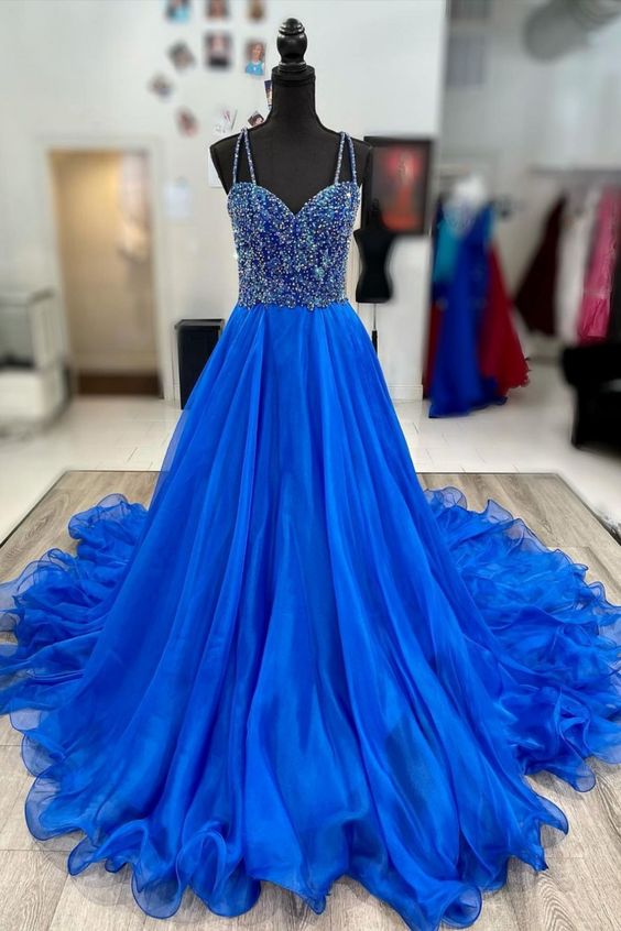 Stunning straps beaded royal blue prom dress  C975