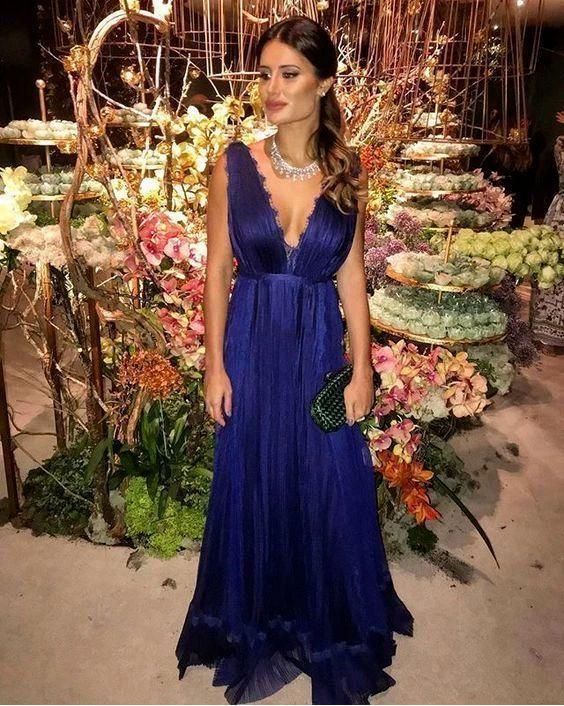 Navy Blue Prom Dresses V Neck floor length C907