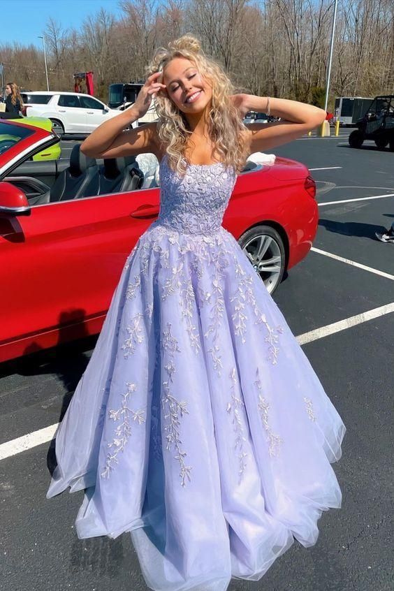 Lavender long prom dress with appliques C982