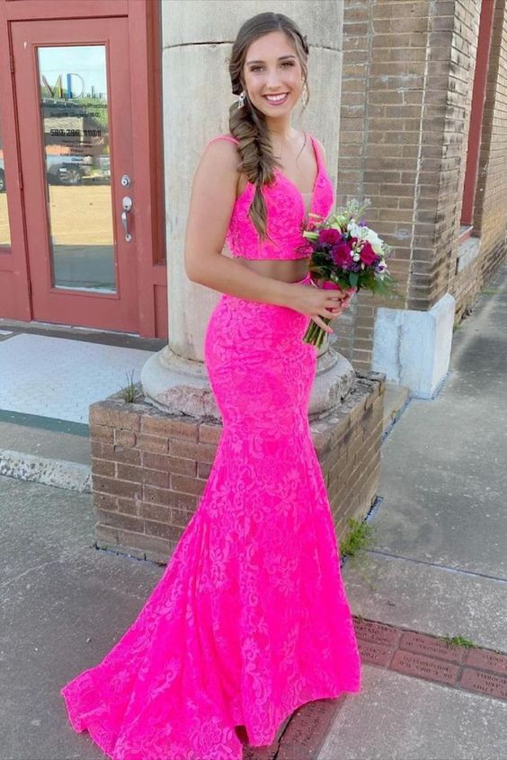 hot pink two piece prom dress, mermaid prom dress C841