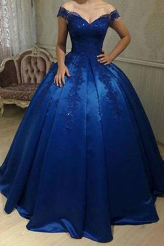 Royal Blue Off Shoulder Lace A line Long Prom Dresses C63